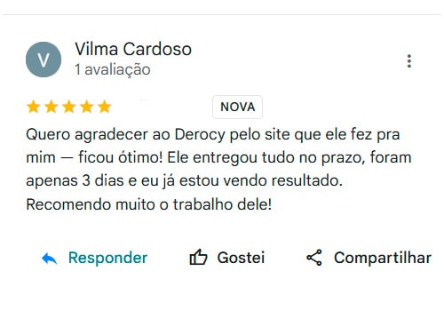 Depoimento da cliente sobre a criação de sites